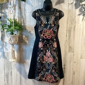 Anthropologie Moulinette Soeurs Black Floral Embroidered Cocktail Dress (Size 2)